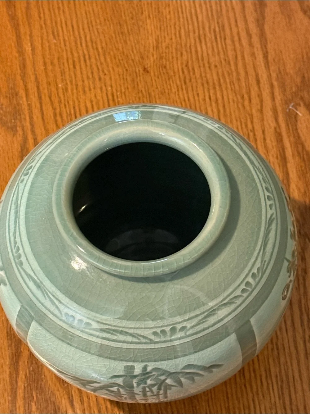 Korean Celadon Vase Green Floral Bamboo Design 7 inch tall x 22 inch Approx Dia
